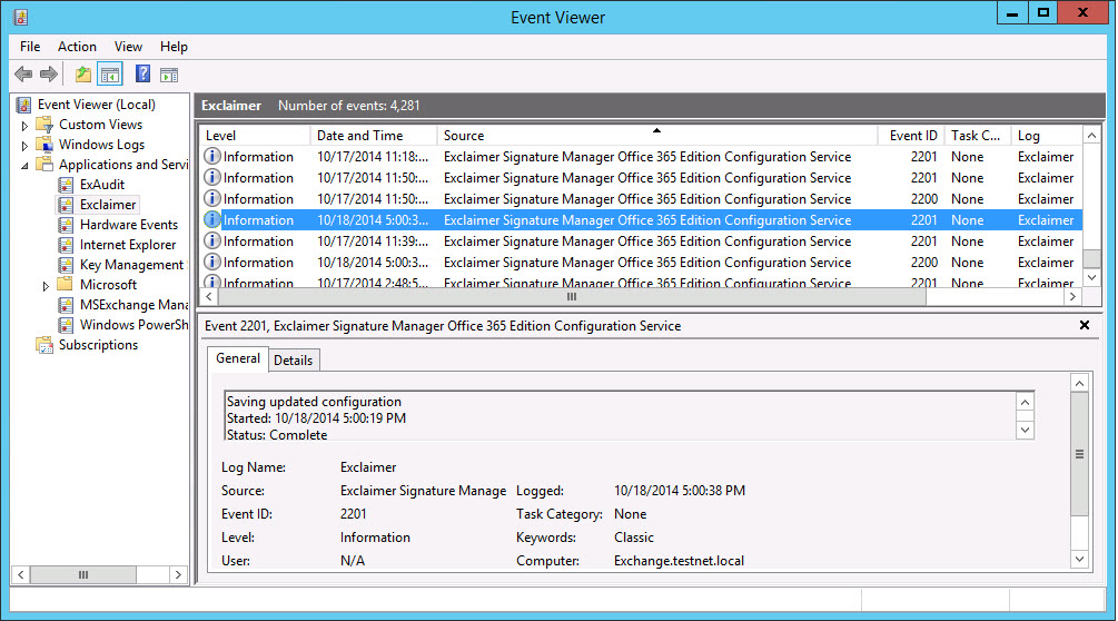 Backup configuration shown in event viewer