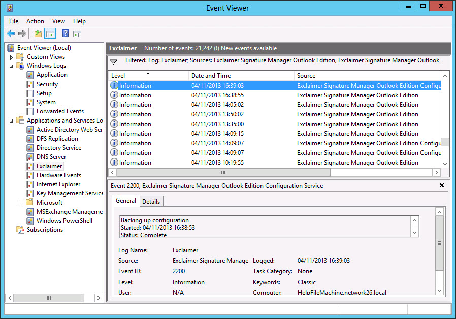 Backup configuration shown in event viewer