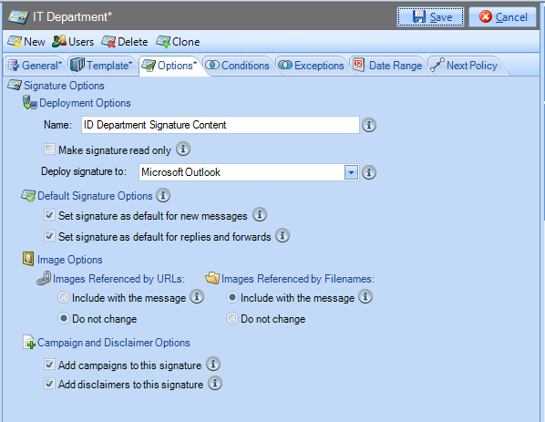 Outlook signature policy options