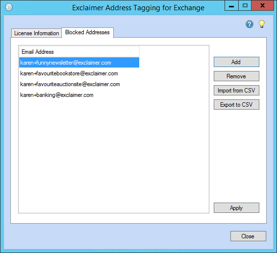 Exclaimer Address Tagging for Exchange - Blocked addresses