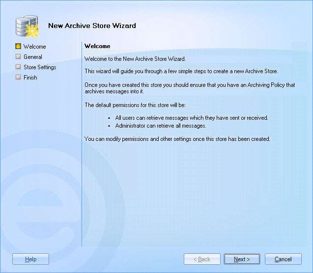New Archive Store Wizard - Welcome