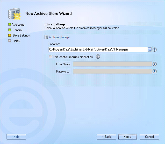 New Archive Store Wizard - Settings