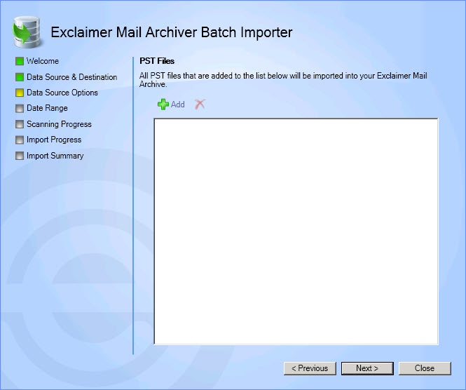 Batch Import Wizard - Import PST - Add File