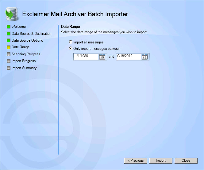 Batch Import Wizard - Import PST - Date Range