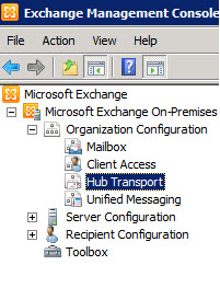 The Microsoft Exchange > Organization Configuration > Hub Transport option