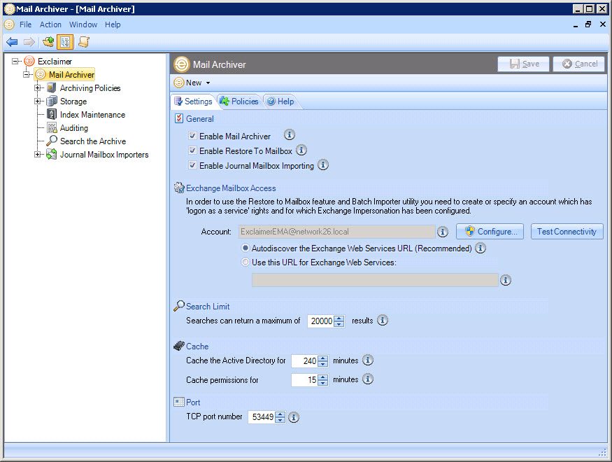 Mail Archiver settings