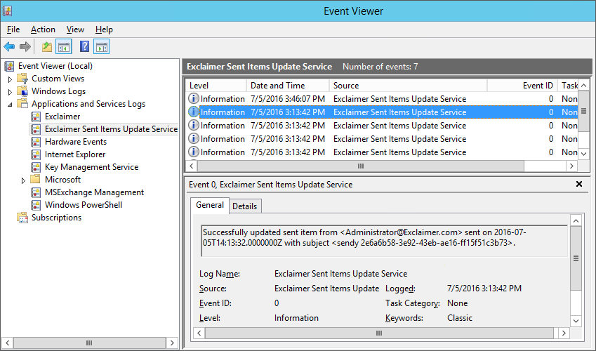 Sent items in event log