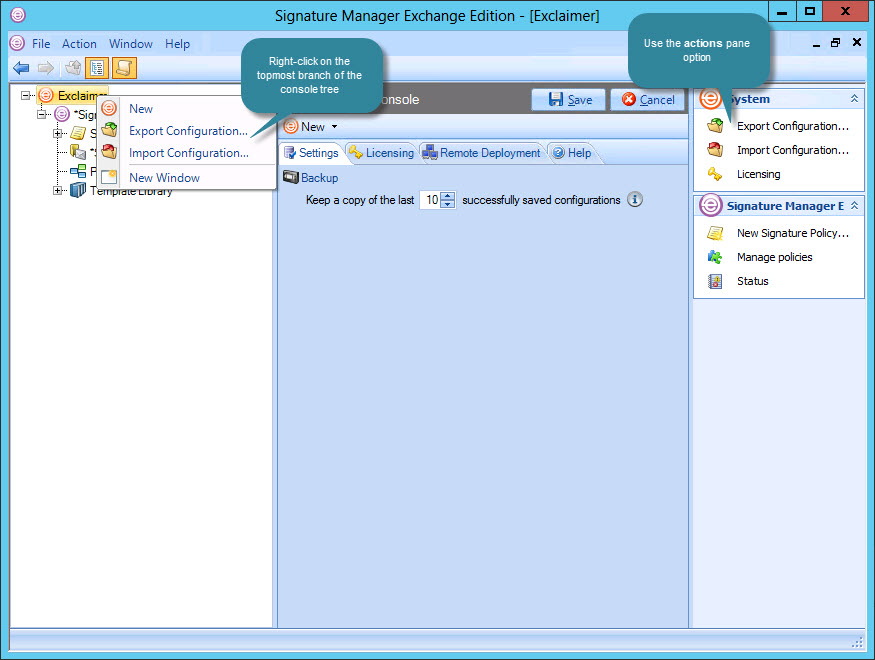 Export configuration options