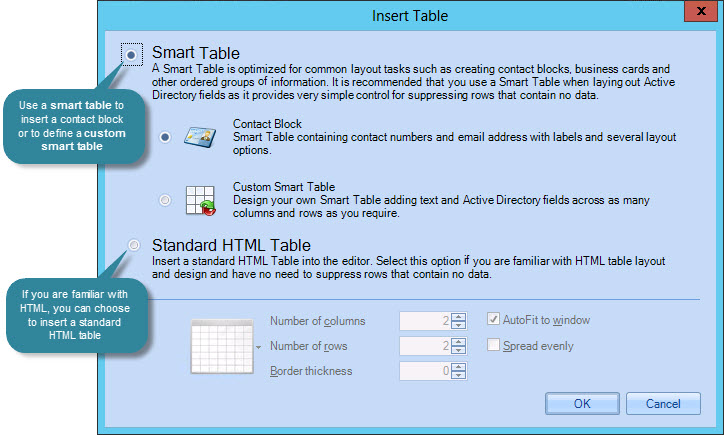 Insert table options