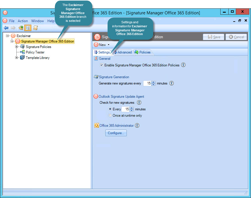 General settings and information for Exclaimer Signature Manager Office 365 Edition