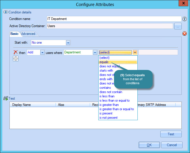 Configure attributes window