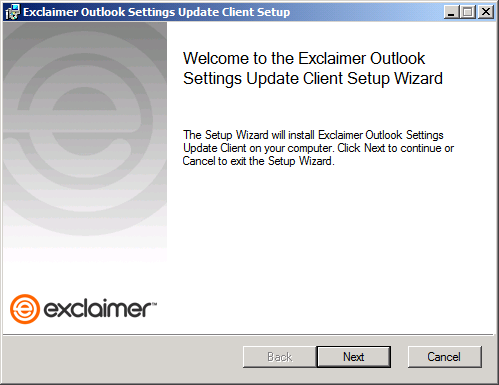 Exclaimer Outlook Settings Update Client Setup wizard