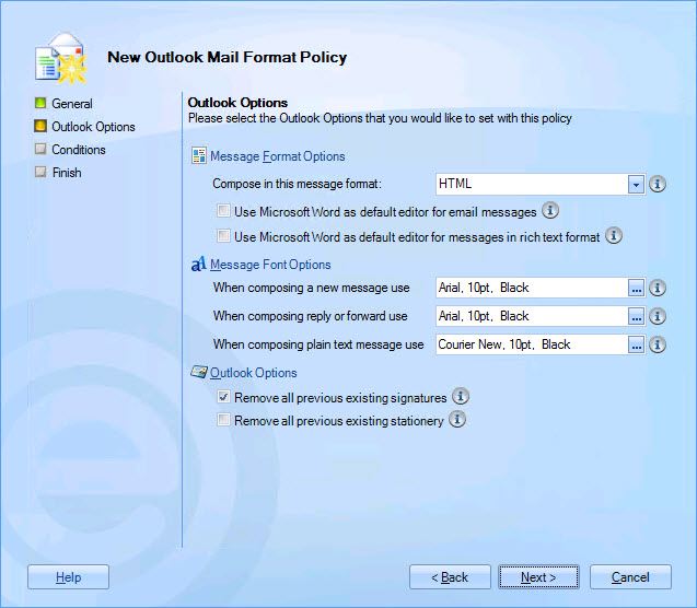 Mail format policy Outlook options