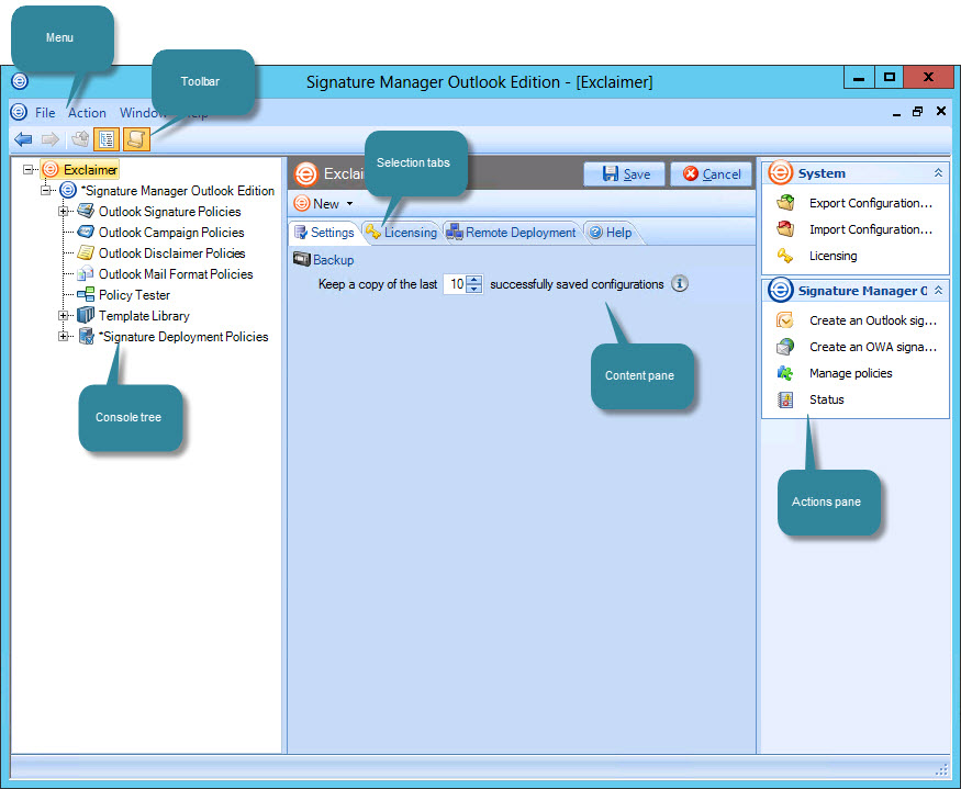 The Exclaimer console