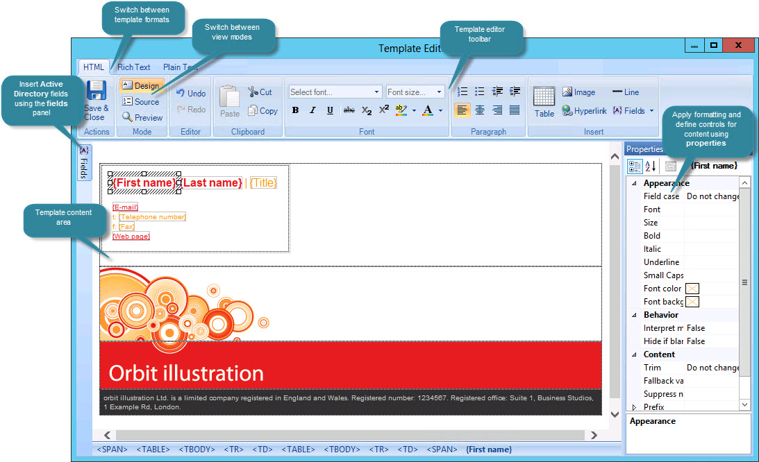 Exclaimer Template Editor - Understanding the template editor window